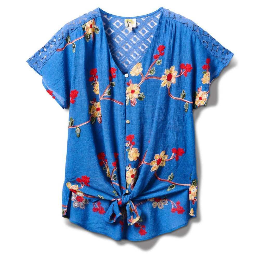 Figueroa & Flower Button Down Embroidered Floral Tie Blue Blush Top Size Small S